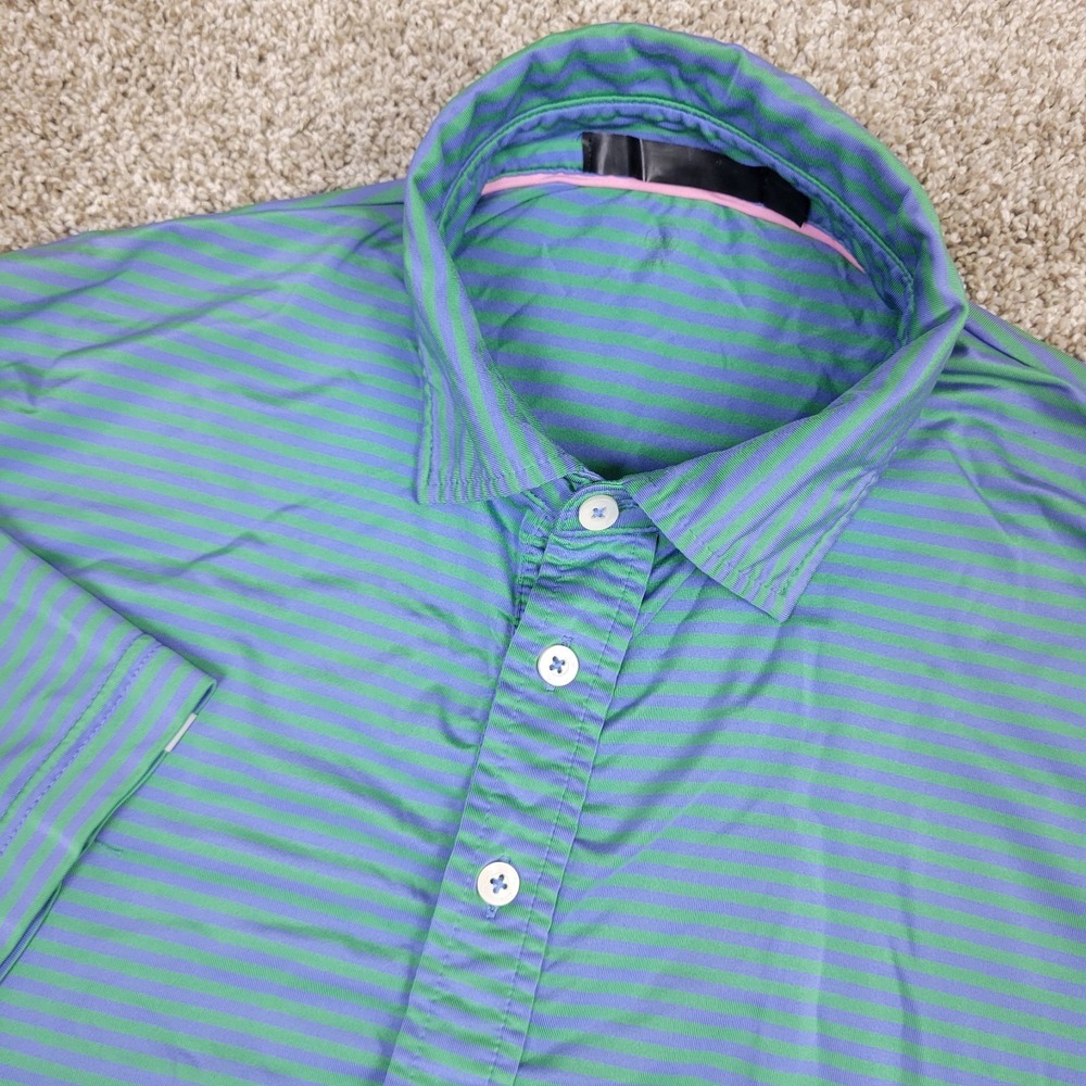 RLX Ralph Lauren Mens Large Blue Green Striped Performance Stretch Golf Polo